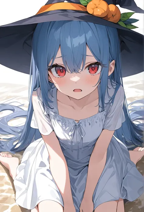 masterpiece，high quality，The best，official art，Beautiful and picky，Very detailed（Fractal Art 1.2），Rich colors，Most Detailed，a girl，expressionless，dark blue long hair，long bangs，bright red eyes，pale albinism，barefoot，Wearing a pure white summer dress，Wearin...