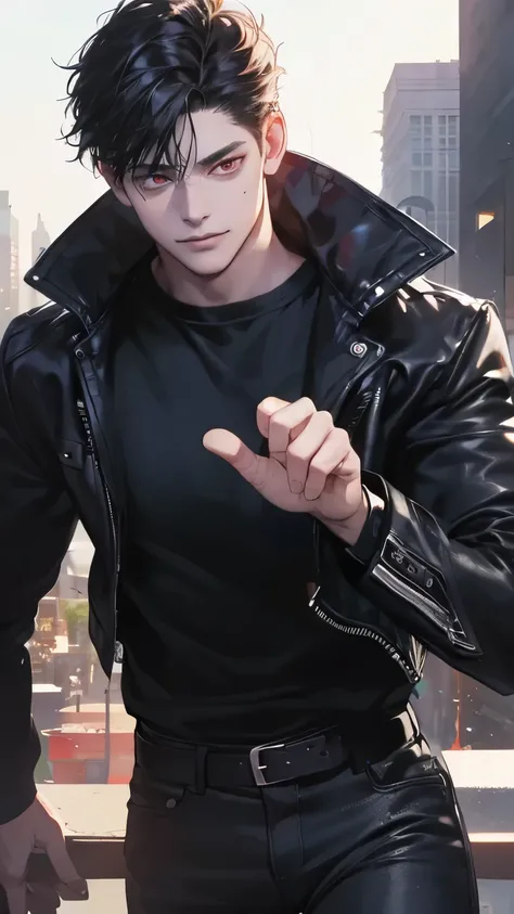 leather jacket; hands pointing at viewer