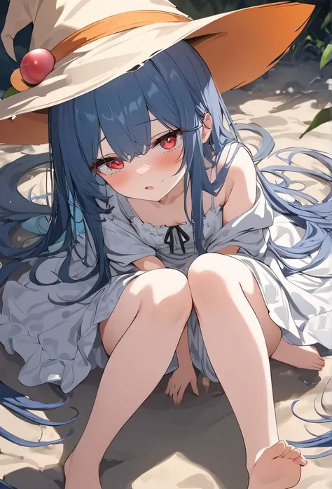 masterpiece，High quality，best，Official Art，Beauty is picky，Very detailed（Fractal Art 1.2），Rich colors，Most detailed，A girl，Dark blue long hair，Short bangs，Bright red eyes，pale albinism，barefoot，Wearing pure white summer dress，Wearing an inappropriate size ...