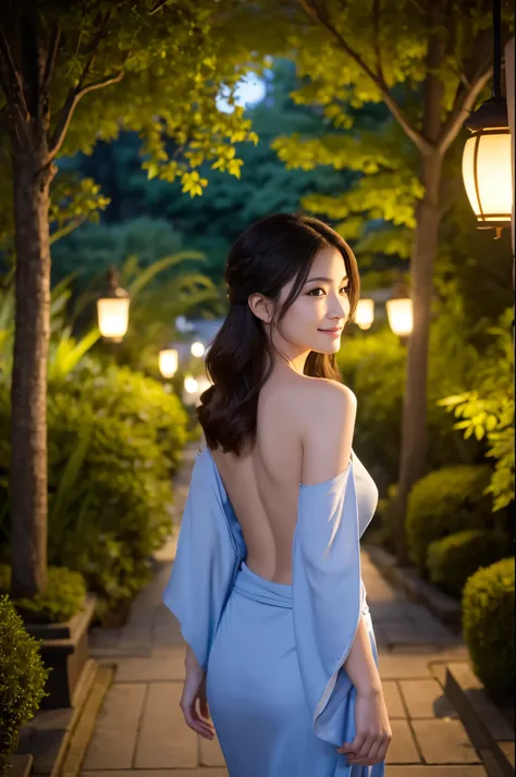 Under the mesmerizing moonlight, in a serene Japanese garden, a beautiful woman in a partially undone kimono reveals her elegant shoulders and back. Her demure yet seductive gaze is full of hidden secrets. As she gracefully strolls along the garden path, s...