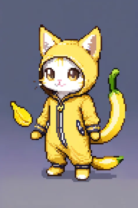  Pixel art, Chibi , a cat, Cat banana, full body,  wearing pajamas shaped like a banana that goes from head to toe,  banana peel helmet, Banana hat 