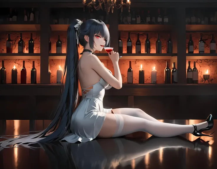 a picture of a beautiful woman  sitting in a goth bar , sipping a dark red cocktail, wearing a white mini dress, full body, slightly hiding the edge of white silk stocking, (vampiric fang: 1.3), wearing high heels, smirking, glasses, black choker, make up,...