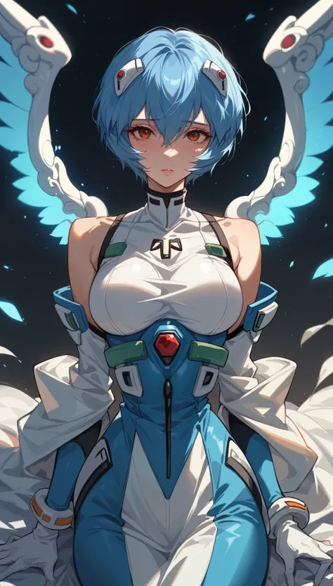 blue hair、short hair、rei ayanami、1 girl、shiny hair、tight waist、small waist、glowing skin、angelic suit、eight-headed body、beauty、