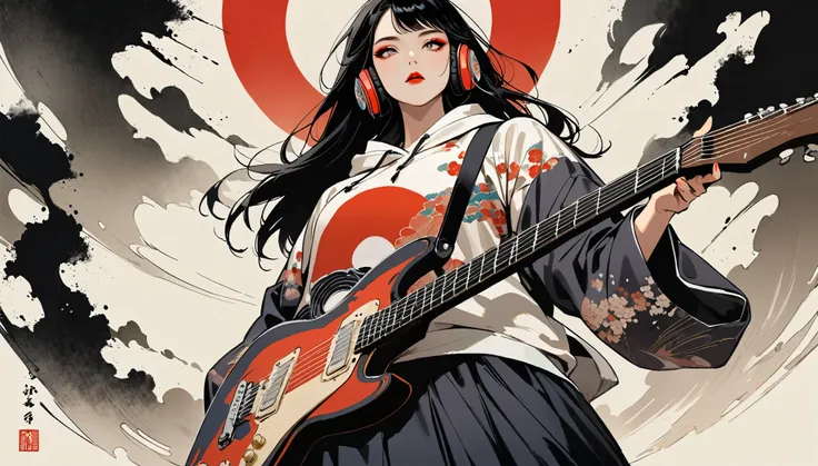 (((Ink Painting))), (((Standing alone ))), (((From below))), ((( flashy makeup ))), (((Japanese style headphones))), (((Japanese pattern hoodie))), (((Wearing a hood))), (((  playing electric guitar))), Japan人の美少女,Black Hair , Delicate and precise,  Modern...