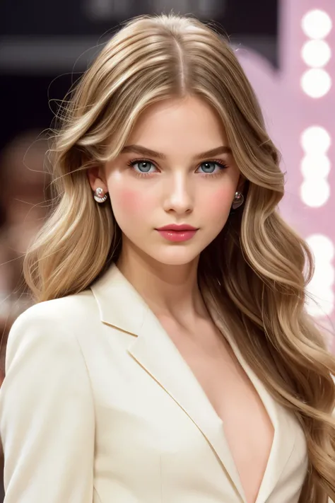 Elite girl, Long wavy Hair with highlights, 90s style in dior, pale skin, cute button nose, heart lips with cupid bow, 