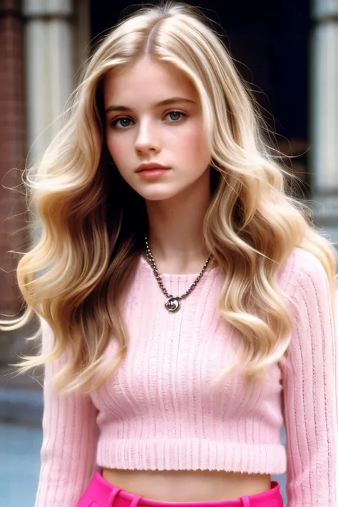 Elite girl, Long wavy Hair with highlights, 90s style, pale skin, 90s analog, grainy film, chanel pink outfit