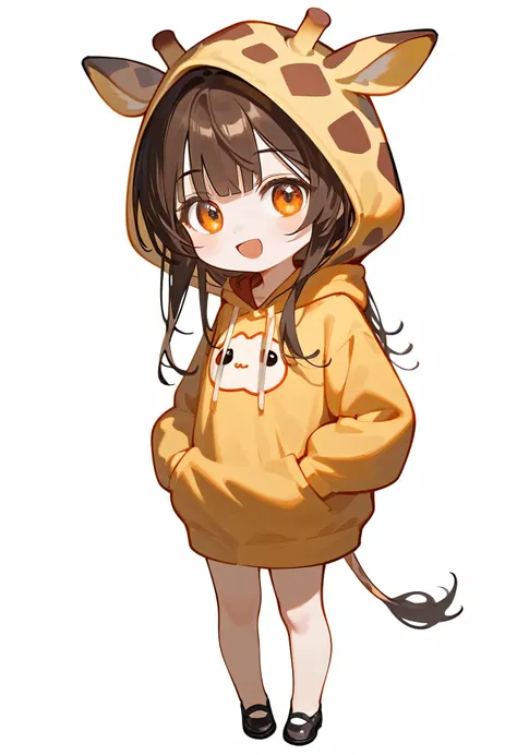 Score_9,Score_8_Superior,Score_7_Superior,a girl,brown long hair,Alone,Chibi ,bangs,Blush,smile,standing,Full body,Open your mouth,Personal audience , giraffe hoodie  ,wears a hood,Langarm,Haare zwischen den Augen,The sleeves are longer than those of young...