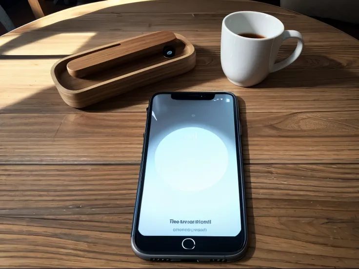 top view,  iPhone Pro Max on a round wooden table with the screen visible,  close view of the cell phone looking at the screen .  On the table there is a jug with a beautiful plant,  the sun comes in and illuminates the table where the cell phone is locate...