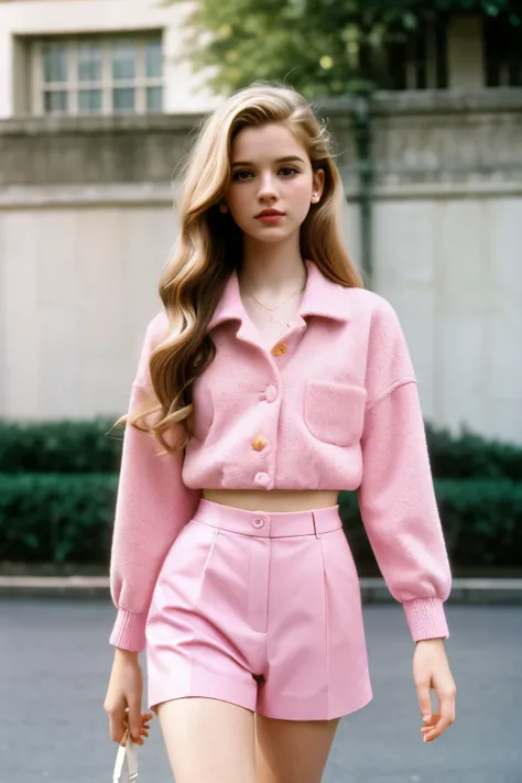 Elite girl, wavy Hair with highlights, 90s style, pale skin, 90s analog, grainy film, prada pink outfit