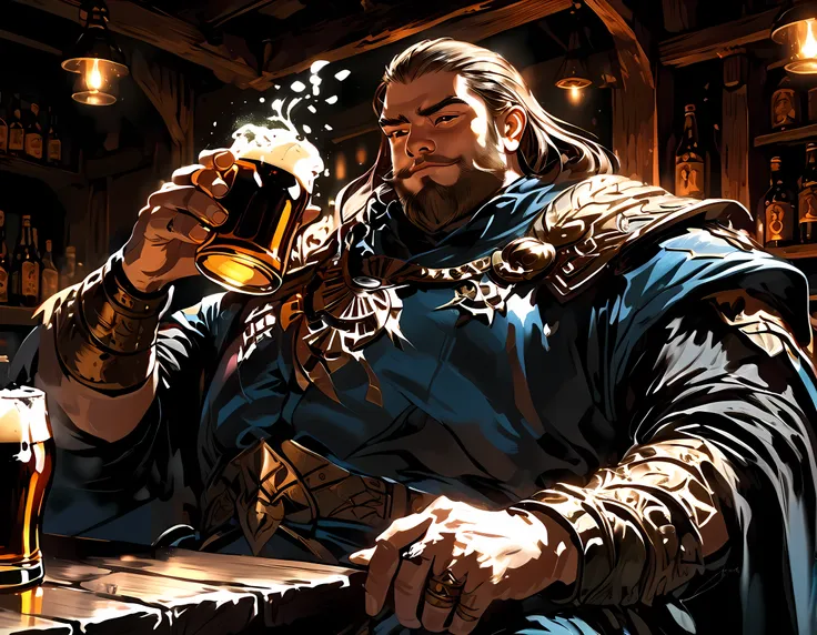 comic art, fantasy art, arafed, a picture of an armored dwarf fighter in a bar drinking from a foaming mug of beer, the mug has magical runes, glowing runes, fantasy bar, many bottles of ale, beer barrels, torch light, a sense of victory, happiness, mirth,...