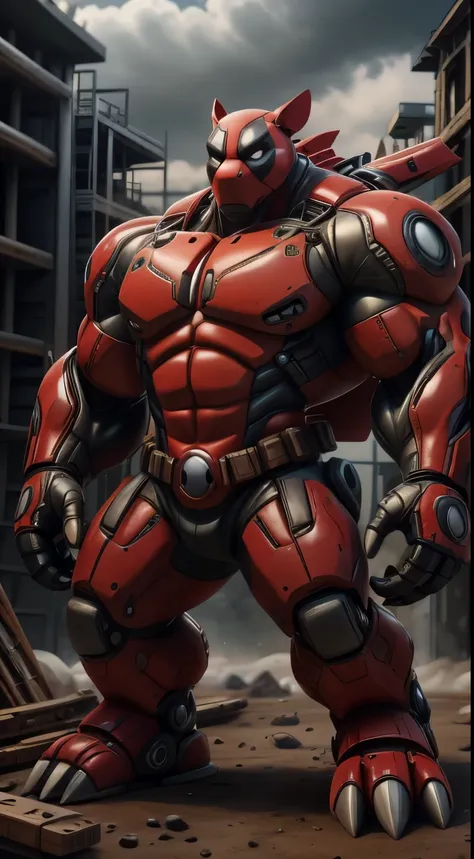 deadpoolstyle mech, (leather:0.6), (masterpiece:1.3) (best quality:1.2) (high quality:1.1)