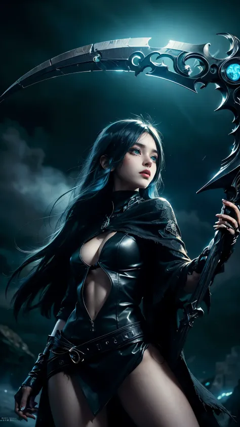 masterpiece , The best quality , Ultra complex details, Intricate Background. 1 woman, young , athletics, with freckles, She is a reaper of sexy souls , half-length portrait, close up, very large eyes with bushy eyebrows and very long eyelashes , chi...