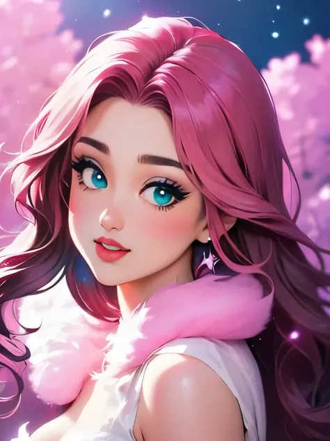 Italian beauty killer，long pink hair、(Fluorescent Color:1.4)、(translucent:1.4)、(Retro filter:1.4)、(fantasy:1.4)、Candy world Disney fantasy fluffy soft scenery forest snow avatar pink sky green blue glow dreamy lights soft soft glow rainbow stars diamond gl...