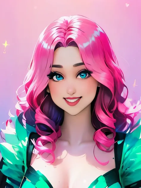 Italian beauty killer，long pink hair、(Fluorescent Color:1.4)、(translucent:1.4)、(Retro filter:1.4)、(fantasy:1.4)、Candy world Disney fantasy fluffy soft scenery forest snow avatar pink sky green blue glow dreamy lights soft soft glow rainbow stars diamond gl...