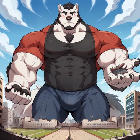 Gekritzel wolfgesicht,Humanity (wolf),(Campus:1.3), muscular,( black eyebrows :1.1),( Close an eye ),white fur ， black hair ，black beard，（artist:Takemoto Arashi），Campus，（Hip bulge:1.3），necken, wolf(massiv:3.0,big muscle:1.1(Heavyweight ,stark,Macro, accent...