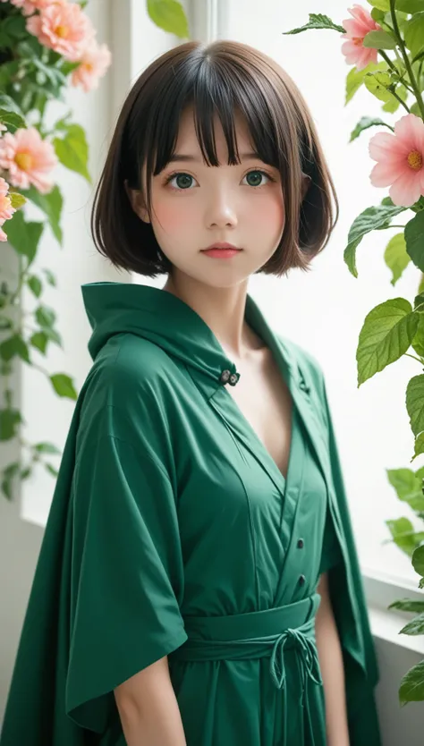 Ivyの貼ったWhite wall、White wall、White wallの前に花束を持った女性が立っている,  very cute 、 teenager, slim、thin、 very cute女の子、  Black Hair 、short hair, Short Bob、Assertive 、Lofi Girl, Ivy, wearing blue-Green clothes, With flowers, Low quality photos, Cape, Green clothes, photo...