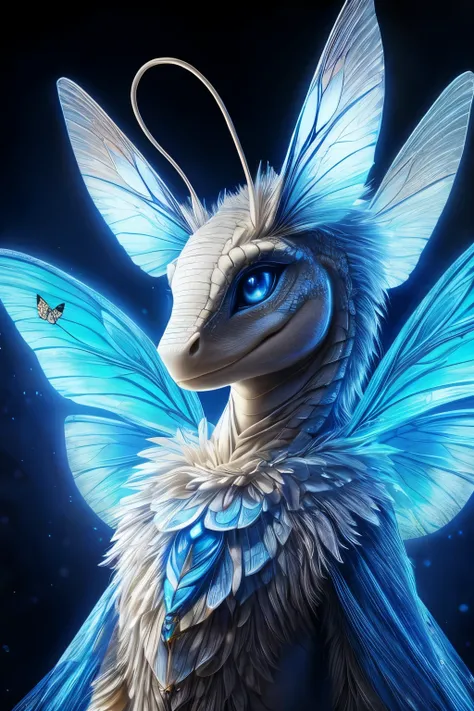 white lizard, fairy, butterfly wings, angel wings, antennae, all iris blue eyes, luminous, detailed feathered skin, realistic