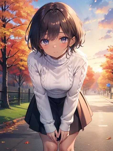 ((Highest quality, High resolution,  Perfect Pixel,  4K)),  (Beautiful Anime Girls), Depth of written boundary、
looking at viewer, 

short hair, Baby Face、Detailed eyes、Round face、he is short、
 
Brown Hair、(Brown Skin:1.5)、

(sunset),(autumn leaves), stree...