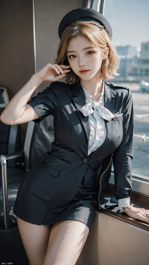 a beautiful female air hostess, elegant flight attendant, detailed portrait, detailed face, detailed eyes and lips, long eyelashes, beautiful skin, flawless makeup, attractive facial features, confident expression, stylish uniform, professional attire, air...