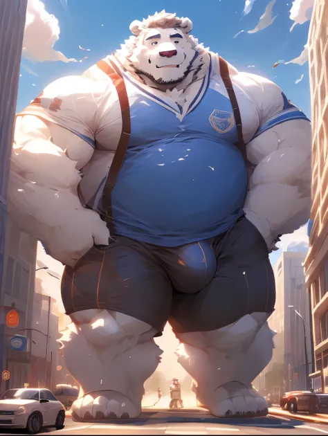 Fuzzy, polar bear, man, fit, polar bear(massiv:3.0,big muscle:1.1(Heavyweight ,stark,Macro,Big bulge, accentuate the huge size)),background((Building, raise small spoke ,the little sparks, the crack in the street )),soffit