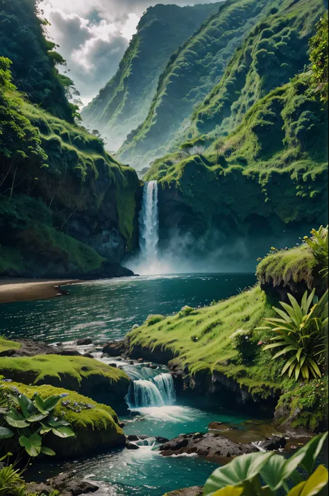 Poco da Ribeira do Ferreiro, Flores Island, Azores, lush tropical landscape, vibrant greens, cascading waterfall, rocky cliffs, serene pond, dramatic cloudy sky, sunbeams, photo realistic, ultra detailed, 8k, hyperrealistic, cinematic lighting, dramatic mo...