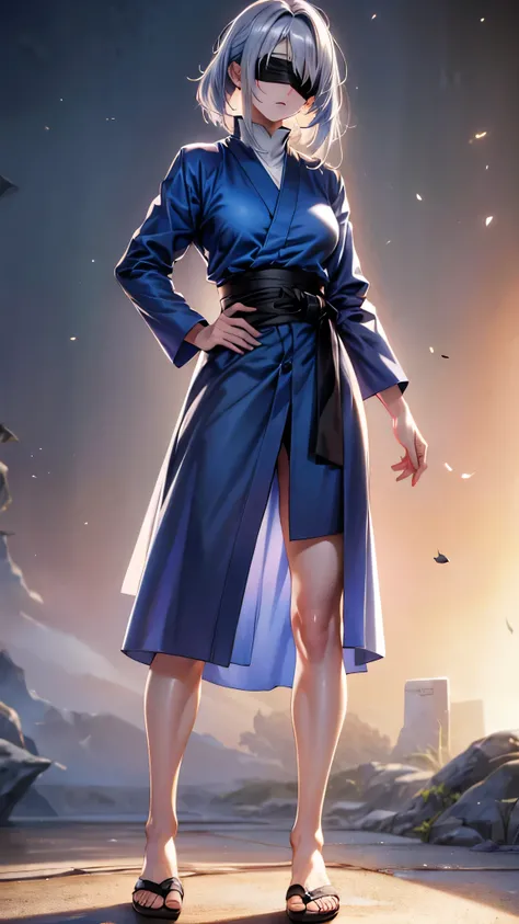 Masterpiece, 8K, 3D, Realistic, Photography, Standing, Best Quality, ((Gojo Satoru)), Jujutsu kaisen, 1 female, Face Details:1.2, Beautiful face, ((Black blindfold)), Blue eyes, Beautiful eyes, Shiny eyes, Silver hair, short and unruly standing Hair, blue...