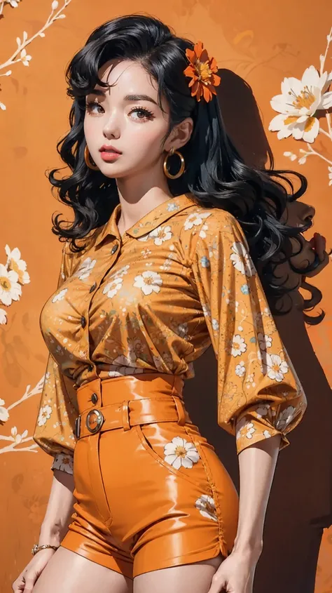 (((Masterpiece))), a top influencer woman, top quality, super detailed, cute and spunky, retro 60s style, fair skin, short curly black hair with flower clips, orange button up crop top transparent floral print sleeves, brown high waist button up shorts, re...