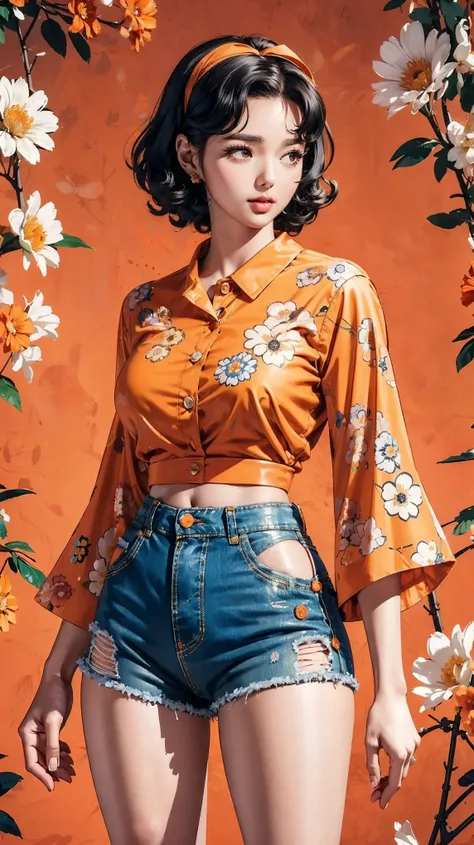 (((Masterpiece))), a top influencer woman, top quality, super detailed, cute and spunky, retro 60s style, fair skin, short curly black hair with flower clips, orange button up crop top transparent floral print sleeves, brown high waist button up shorts, re...