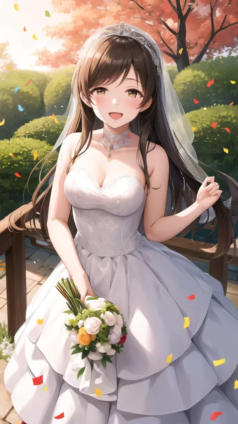 aanitta, long hair, medium breasts, wedding dress, standing, garden, confetti, holding bouquet, smile, open mouth,