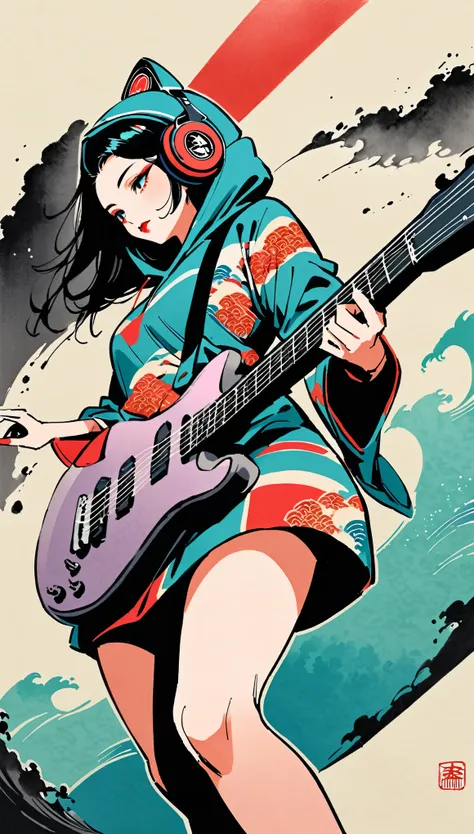 (((Ink Painting))), (((Standing posture))),(((Beautiful fingertips)))(((Delicate hands and legs ))) (((From below))), ((( flashy makeup ))), (((Japanese style headphones))), (((Japanese pattern hoodie))), (((Wearing a hood))), (((  playing an electric guit...