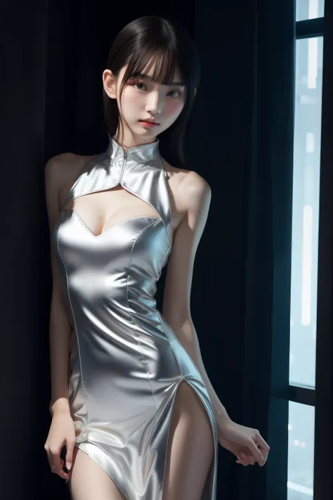 tall thin asian tween model, vogue pose, innocent, enticing, elegant detailed dress with slit and cutouts, beautiful slender bod...