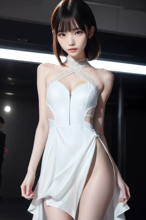 Tall thin Asian tween model, vogue pose, innocent, enticing, elegant detailed dress with slit and cutouts, beautiful slender body, perfect face, cyberpunk, skinny