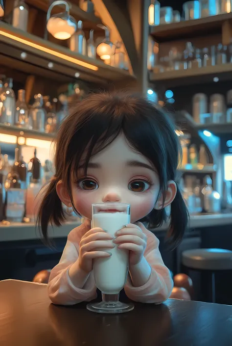 a young girl sitting in a bar drinking a glass of milk, modern bar background 