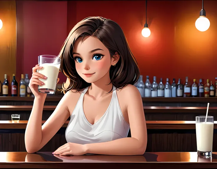 a young girl sitting in a bar drinking a glass of milk, modern bar background 