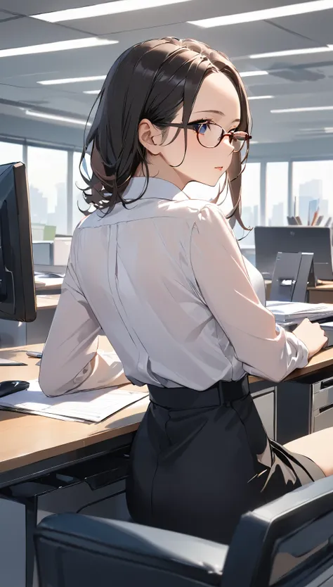 masterpiece, wearing glasses, black hair, forehead, woman, office,  sitting at a desk and concentrating on work, rear view, 静かなo...