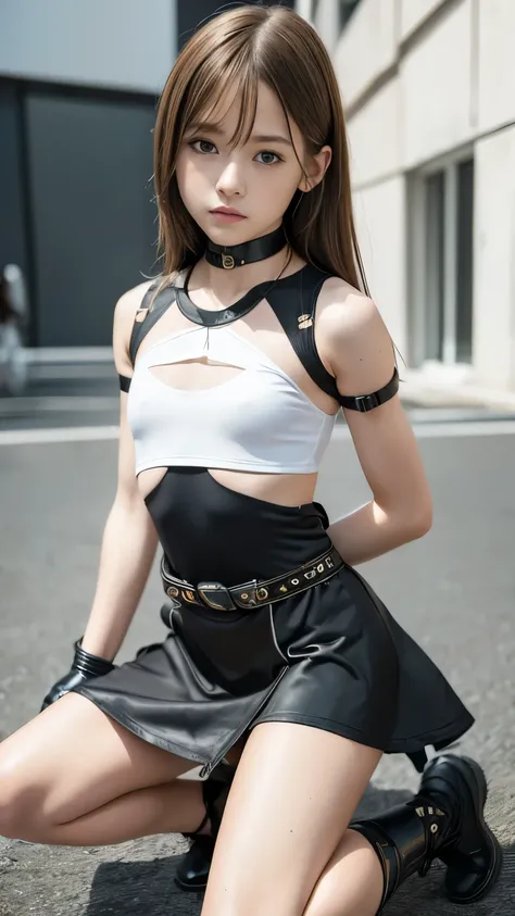 high quality, ​realistic masterpiece, Caucasian girl kneeling, legs tied, wrists bound, Beautiful tween girls, small skinny girls, cute girl face, cyberpunk, Wearing cute outfit with cutouts and belts, skinny athletic body showing legs, innocent, playful, ...