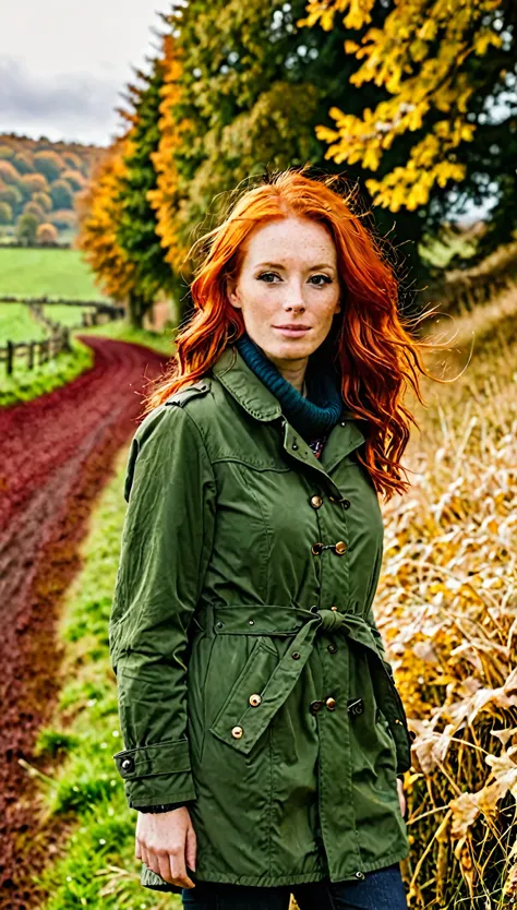 a woman (red hair) in the countryside with autumnal weather