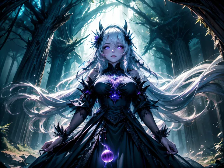 a mysterious witch with long white hair. a beautiful face and glowing eyes, wearing a torn, dark purple gown. she stands provoca...