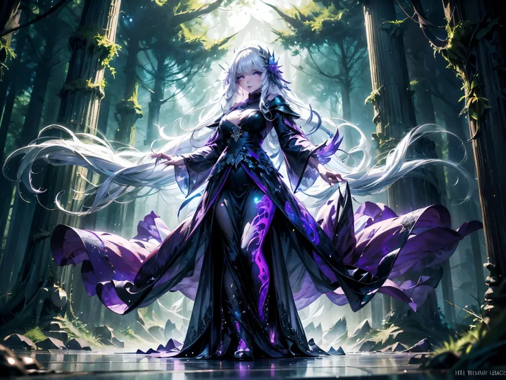 a mysterious witch with long white hair. a beautiful face and glowing eyes, wearing a torn, dark purple gown. she stands provoca...