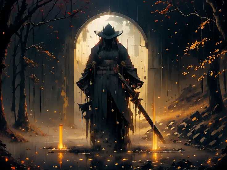 (Better quality, Ultra detailed),dark,wet,artificial raindrops falling,ancient japanese warrior standing in the rain,japanese traditional bamboo hat(fail),dense forest landscape,majestic and serene nature,full moon shining brightly in the night sky,Black k...