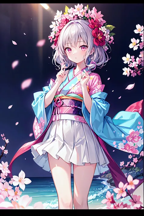 masterpiece, Best Quality,   Highly Detailed CG Unity 8k Wallpaper ,  anime screenshot, Female anime character art wearing neon colored floral kimono. She is wearing a purple glowing neon floral kimono. This scene with long flowing hair has a nice  Soft Fo...