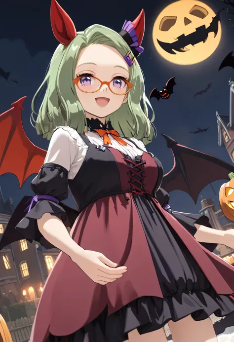 1girl,solo,Air_Messiah(umamusume), horse ears, animal ears, glasses, horse girl, green hair, looking at viewer, purple eyes,(((((rice shower (make up vampire!) (umamusume)(cos play),((devil wings))))))),(((from side)),((from below)),((Dutch angle)),(((hall...
