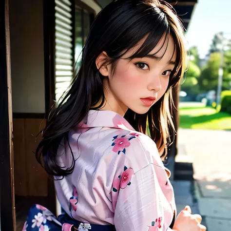 masterpiece, 8K, best quality, ultra-detailed, realistic, (1girl, blush, floral yukata:1.3), long hair, (looking back)