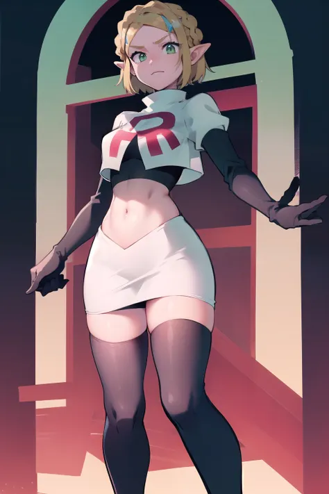 Zelda, green eyes, short hair ,team rocket,team rocket uniform,white skirt,red letter R,crop top,black thigh-highs,black elbow gloves, cowboy shot, sinister villianess look,