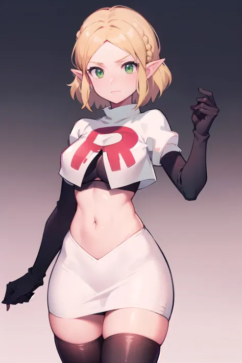 zelda, green eyes, short hair ,team rocket,team rocket uniform,white skirt,red letter r,crop top,black thigh-highs,black elbow g...