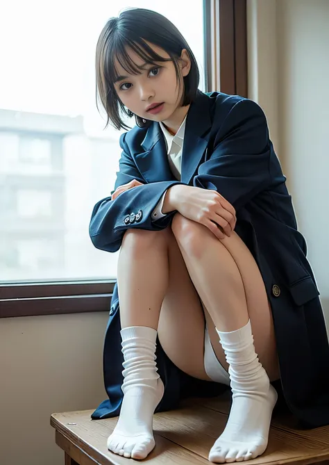  navy blue knee socks　Magical Mixed Reality、(Original photo:1.2)、( photoreal site :1.4)、 Beautiful Details 　 Delicate expression、((I can see your panties))、(Crouching panty shot)、(( white panties:1.5))、eyelash　 beautiful delicate eyes、  large file size 、  ...