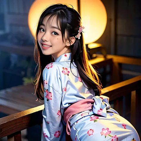 masterpiece, 8K, best quality, ultra-detailed, realistic, (1girl, round face, laugh, blush, floral yukata, sexy:1.3), long hair, (looking back)