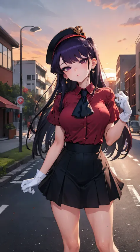 Komi Shouko, masterpiece, Best quality, 1 girl, 18 years, Big breasts, purple hair, multicolored hair, bangs, one side up, long hair, purple eyes, hairclip, jewelry, earrings, mini hat, head tilt, red eyes, jewelry, brooch, white ascot, frills, red shirt, ...