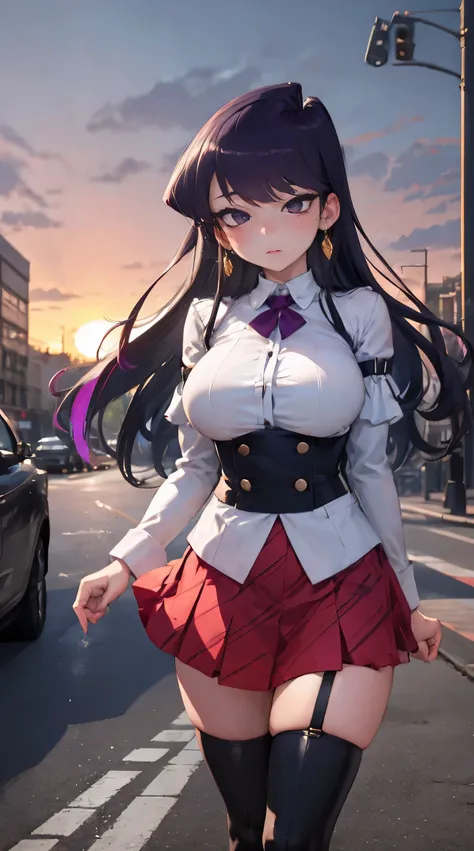 Komi Shouko, masterpiece, Best quality, 1 girl, 18 years, Big breasts, purple hair, multicolored hair, bangs, one side up, long hair, purple eyes, hairclip, jewelry, earrings, skirt , thighhighs, blue shirt , detached sleeves, thigh boots, bow, (street cit...