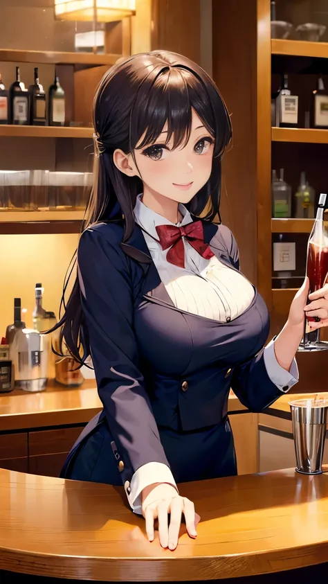 (Bar:1.5), (Japan beauty busty bar master wearing general bartender uniform at bar counter:1.3)